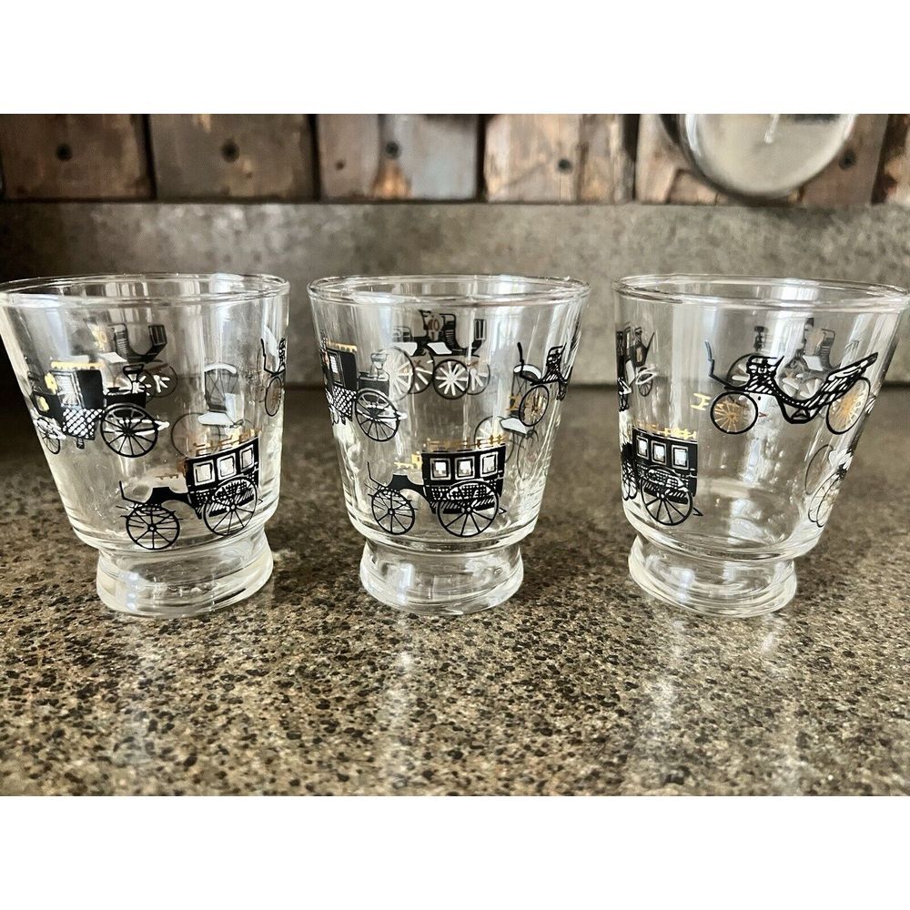 MCM Libby Curio Rocks Shot Glasses Freda Diamond Horse & Buggy Images Set of 3